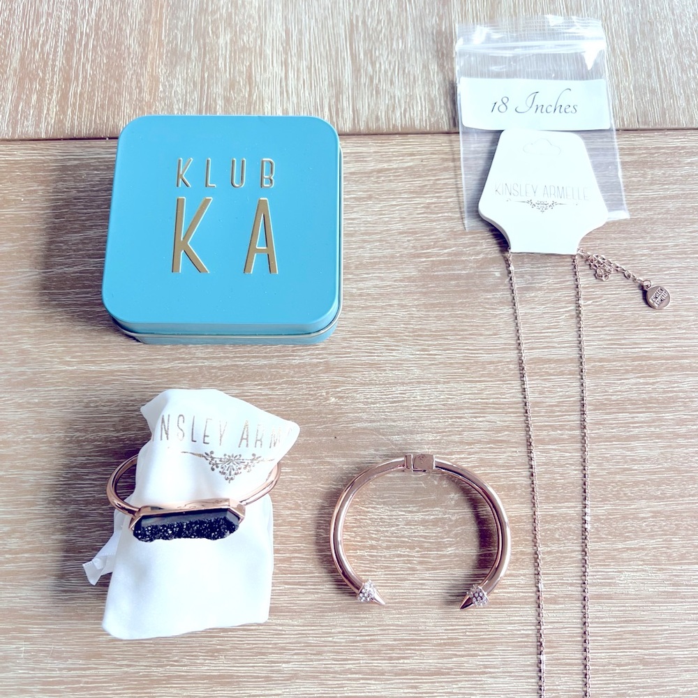 Kinsley Armelle jewelry club 2022 box.  Rose gold necklace and 2 bracelets.